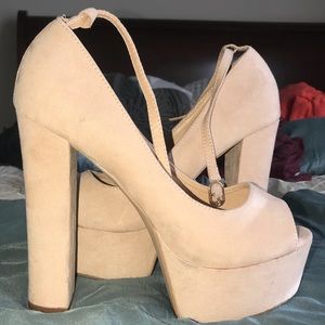 Tan, ankle strap, open toed platform heels